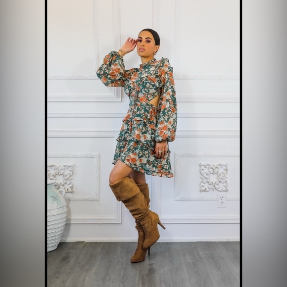 Floral Green and Orange Women's Dress - Picture 2 of 6